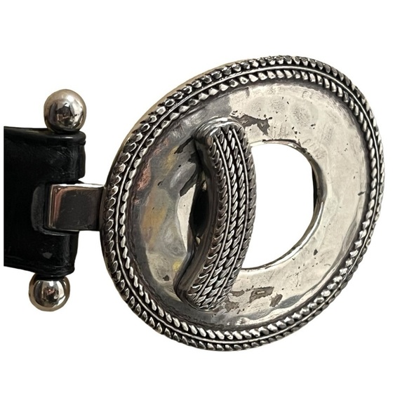 Black Leather Belt with Silver Buckle - Picture 6 of 10